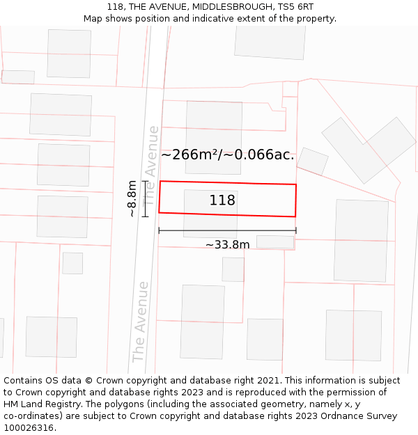 118, THE AVENUE, MIDDLESBROUGH, TS5 6RT: Plot and title map