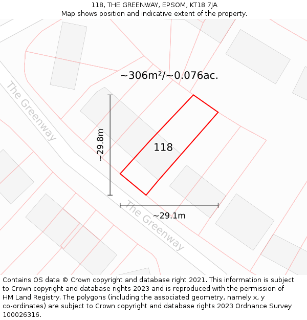 118, THE GREENWAY, EPSOM, KT18 7JA: Plot and title map
