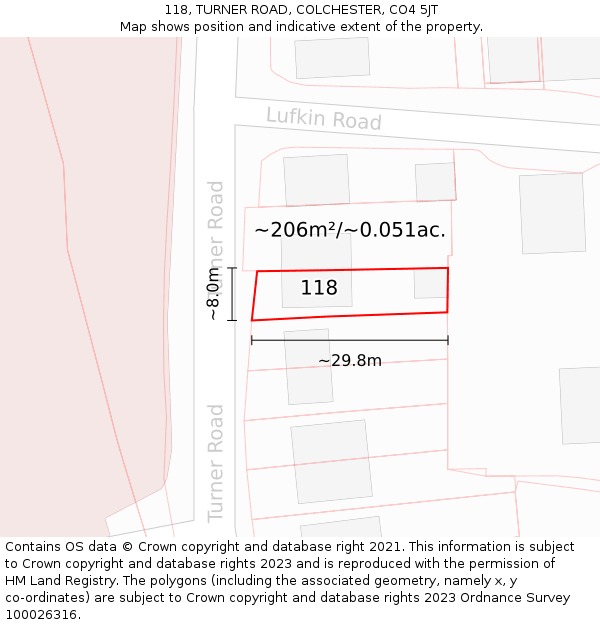 118, TURNER ROAD, COLCHESTER, CO4 5JT: Plot and title map