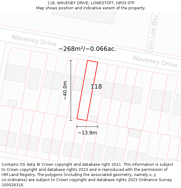 118, WAVENEY DRIVE, LOWESTOFT, NR33 0TP: Plot and title map