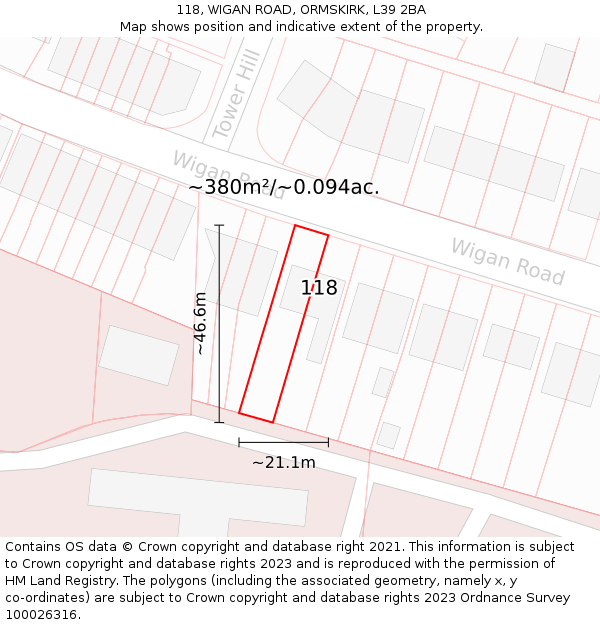 118, WIGAN ROAD, ORMSKIRK, L39 2BA: Plot and title map