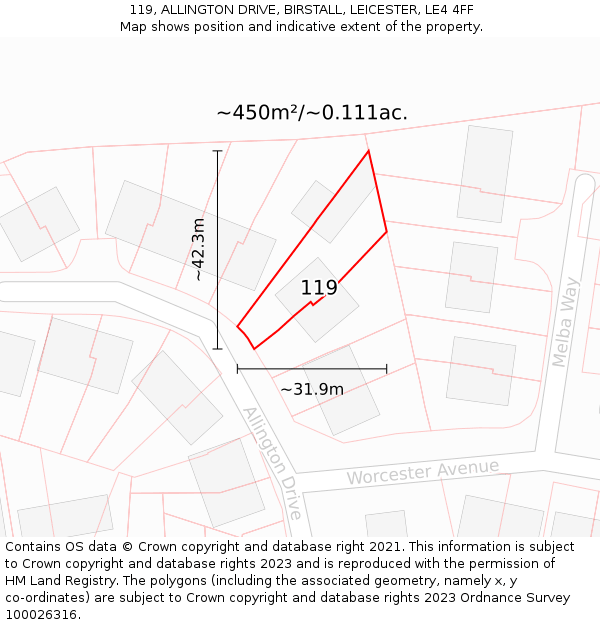 119, ALLINGTON DRIVE, BIRSTALL, LEICESTER, LE4 4FF: Plot and title map