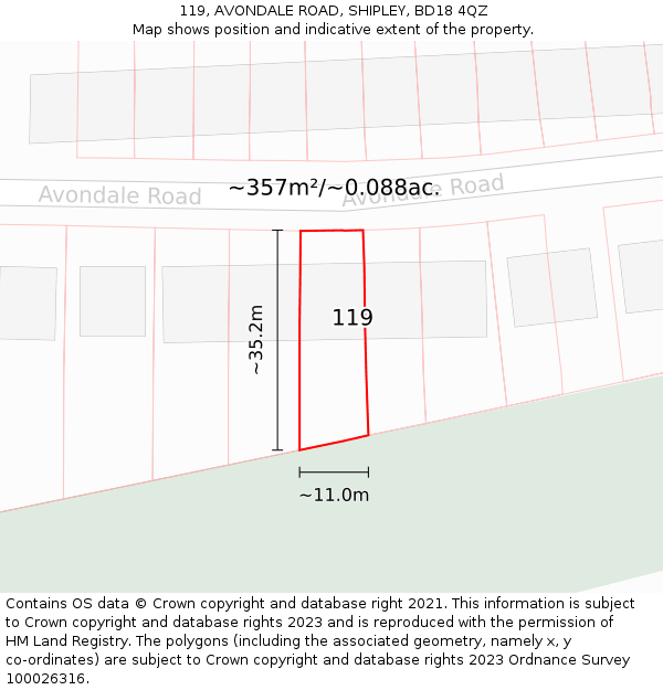 119, AVONDALE ROAD, SHIPLEY, BD18 4QZ: Plot and title map