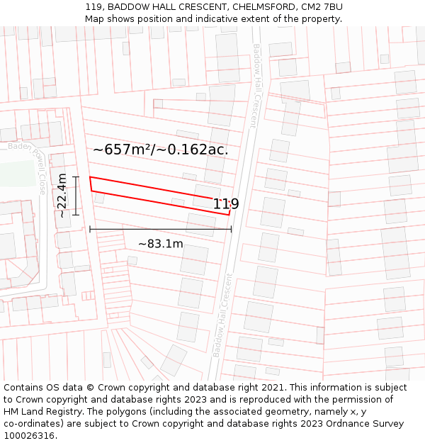 119, BADDOW HALL CRESCENT, CHELMSFORD, CM2 7BU: Plot and title map