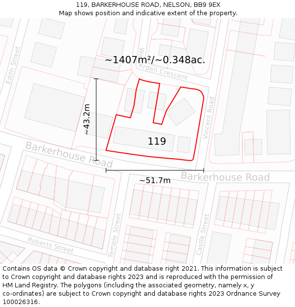 119, BARKERHOUSE ROAD, NELSON, BB9 9EX: Plot and title map