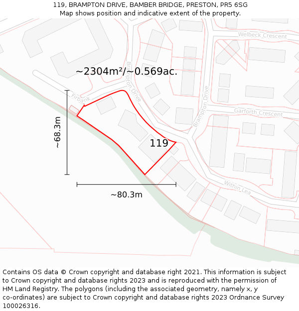 119, BRAMPTON DRIVE, BAMBER BRIDGE, PRESTON, PR5 6SG: Plot and title map