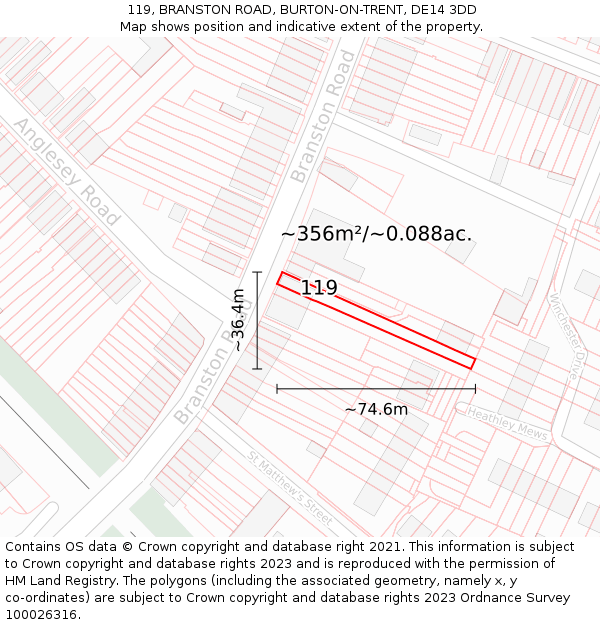 119, BRANSTON ROAD, BURTON-ON-TRENT, DE14 3DD: Plot and title map