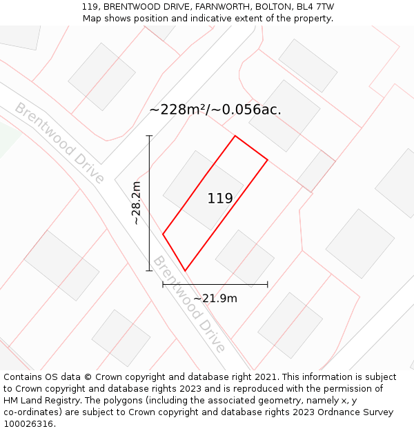 119, BRENTWOOD DRIVE, FARNWORTH, BOLTON, BL4 7TW: Plot and title map