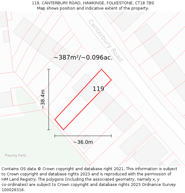 119, CANTERBURY ROAD, HAWKINGE, FOLKESTONE, CT18 7BS: Plot and title map