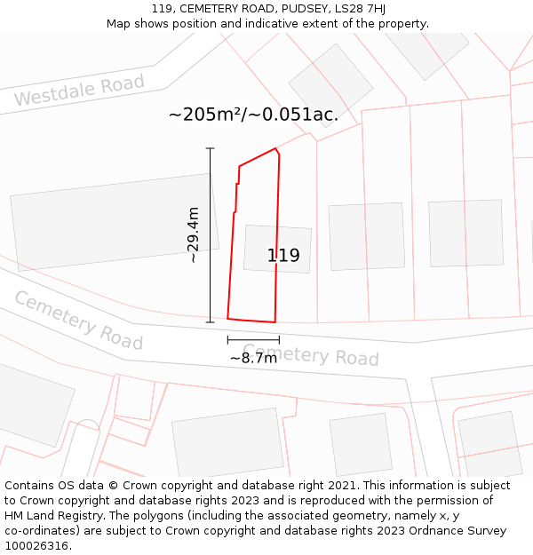 119, CEMETERY ROAD, PUDSEY, LS28 7HJ: Plot and title map
