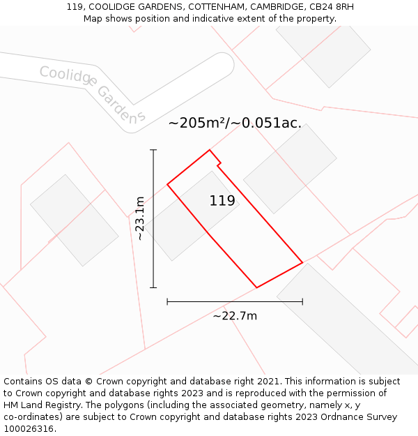 119, COOLIDGE GARDENS, COTTENHAM, CAMBRIDGE, CB24 8RH: Plot and title map