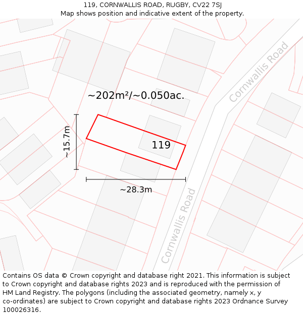 119, CORNWALLIS ROAD, RUGBY, CV22 7SJ: Plot and title map