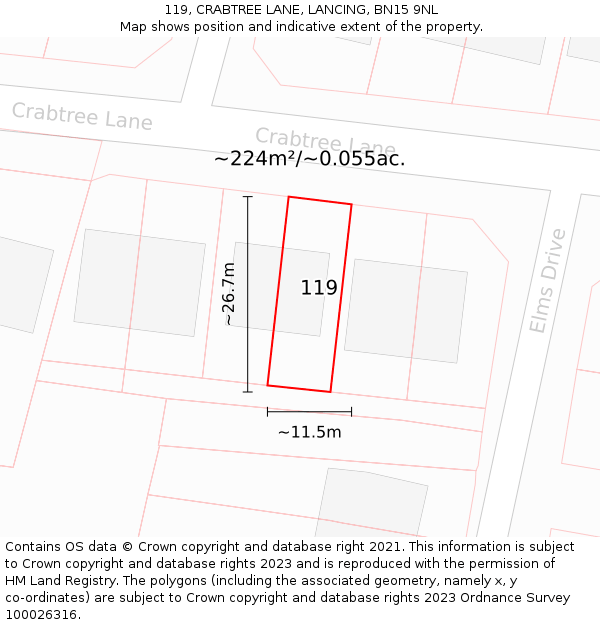119, CRABTREE LANE, LANCING, BN15 9NL: Plot and title map