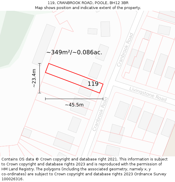 119, CRANBROOK ROAD, POOLE, BH12 3BR: Plot and title map
