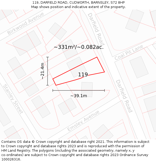 119, DARFIELD ROAD, CUDWORTH, BARNSLEY, S72 8HP: Plot and title map