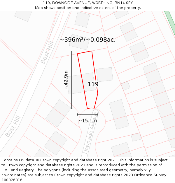 119, DOWNSIDE AVENUE, WORTHING, BN14 0EY: Plot and title map