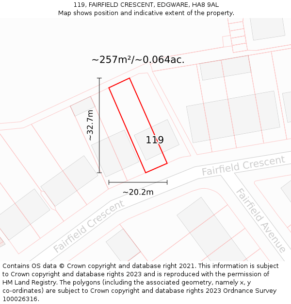 119, FAIRFIELD CRESCENT, EDGWARE, HA8 9AL: Plot and title map