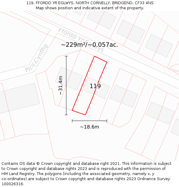 119, FFORDD YR EGLWYS, NORTH CORNELLY, BRIDGEND, CF33 4NS: Plot and title map