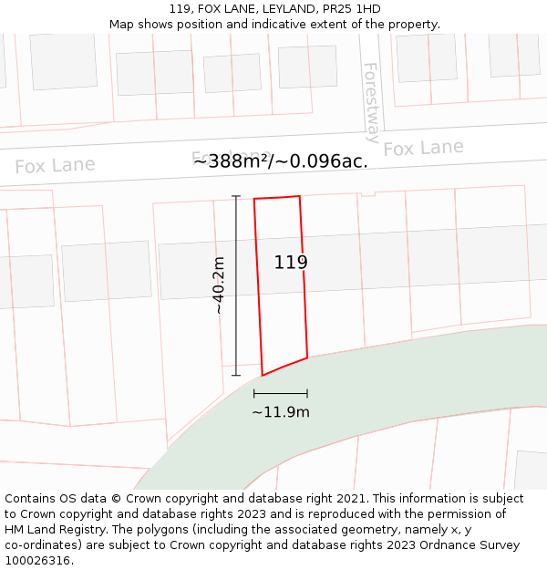 119, FOX LANE, LEYLAND, PR25 1HD: Plot and title map