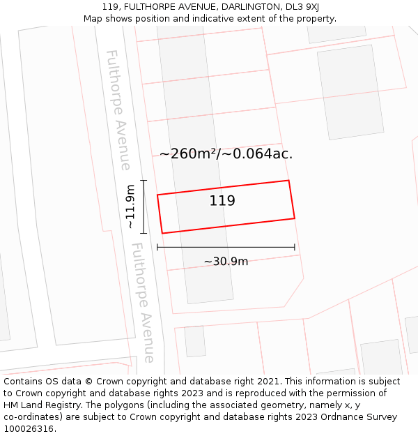 119, FULTHORPE AVENUE, DARLINGTON, DL3 9XJ: Plot and title map