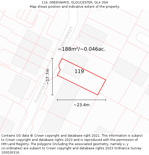 119, GREENWAYS, GLOUCESTER, GL4 3SA: Plot and title map