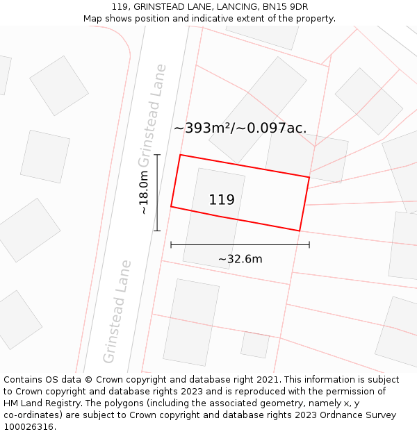 119, GRINSTEAD LANE, LANCING, BN15 9DR: Plot and title map