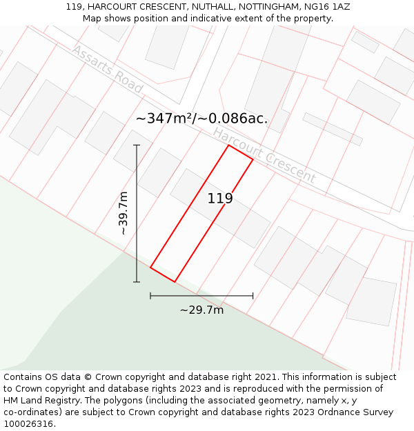 119, HARCOURT CRESCENT, NUTHALL, NOTTINGHAM, NG16 1AZ: Plot and title map