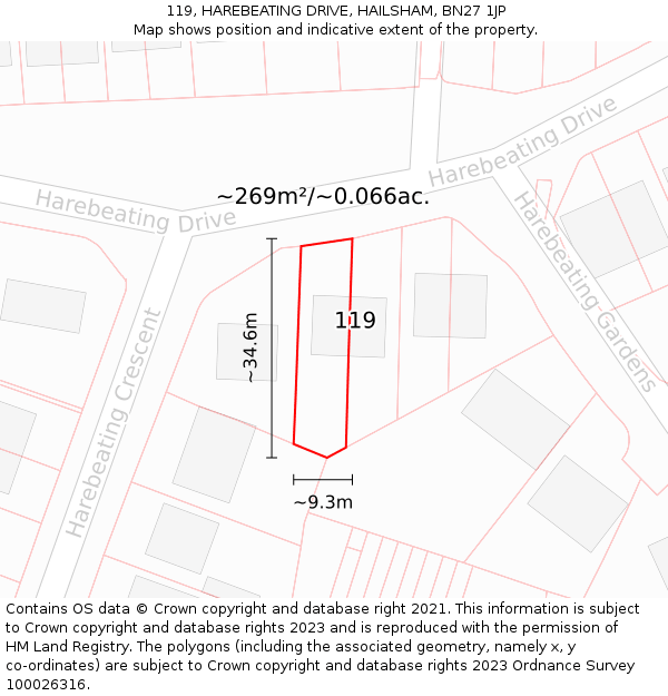 119, HAREBEATING DRIVE, HAILSHAM, BN27 1JP: Plot and title map