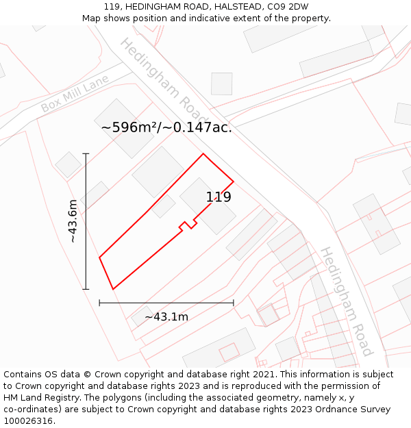 119, HEDINGHAM ROAD, HALSTEAD, CO9 2DW: Plot and title map