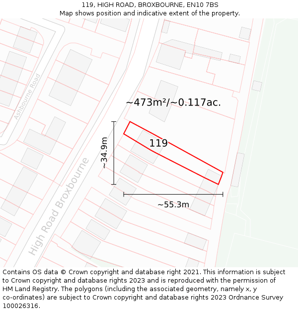 119, HIGH ROAD, BROXBOURNE, EN10 7BS: Plot and title map