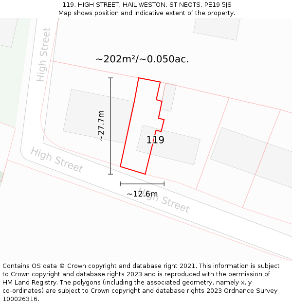 119, HIGH STREET, HAIL WESTON, ST NEOTS, PE19 5JS: Plot and title map