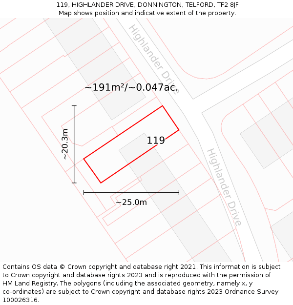 119, HIGHLANDER DRIVE, DONNINGTON, TELFORD, TF2 8JF: Plot and title map
