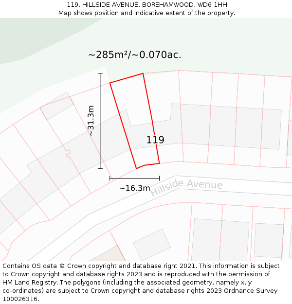 119, HILLSIDE AVENUE, BOREHAMWOOD, WD6 1HH: Plot and title map