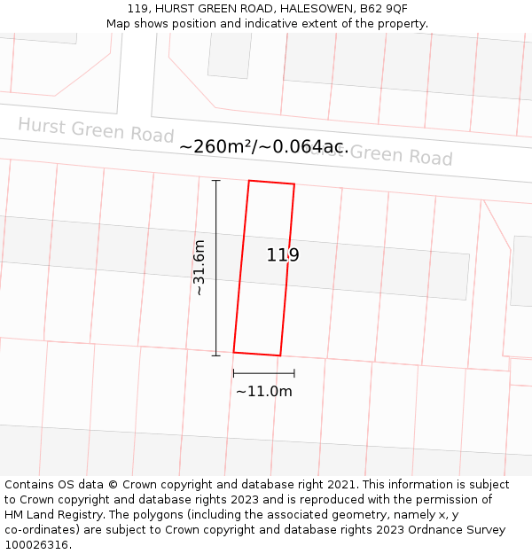 119, HURST GREEN ROAD, HALESOWEN, B62 9QF: Plot and title map
