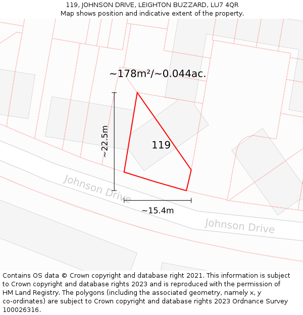 119, JOHNSON DRIVE, LEIGHTON BUZZARD, LU7 4QR: Plot and title map