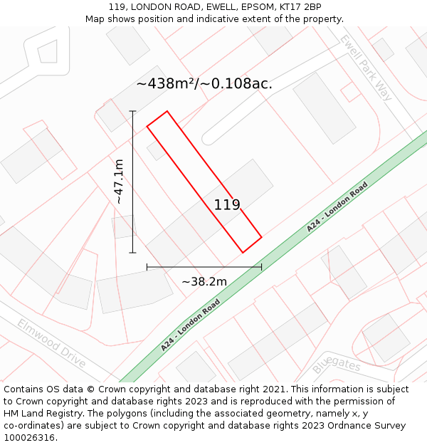 119, LONDON ROAD, EWELL, EPSOM, KT17 2BP: Plot and title map