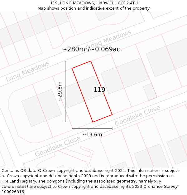 119, LONG MEADOWS, HARWICH, CO12 4TU: Plot and title map