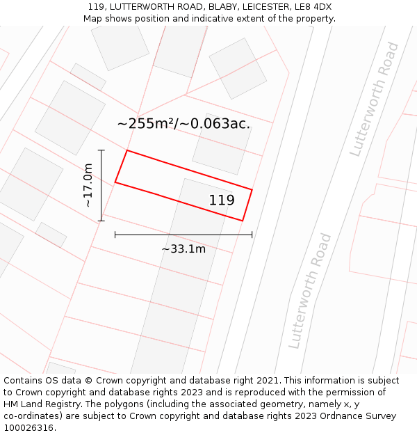 119, LUTTERWORTH ROAD, BLABY, LEICESTER, LE8 4DX: Plot and title map