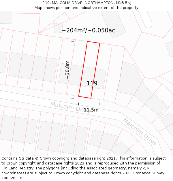119, MALCOLM DRIVE, NORTHAMPTON, NN5 5NJ: Plot and title map