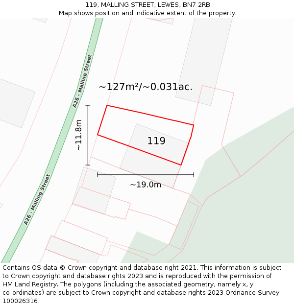 119, MALLING STREET, LEWES, BN7 2RB: Plot and title map