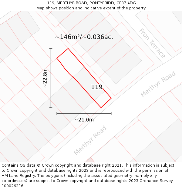 119, MERTHYR ROAD, PONTYPRIDD, CF37 4DG: Plot and title map