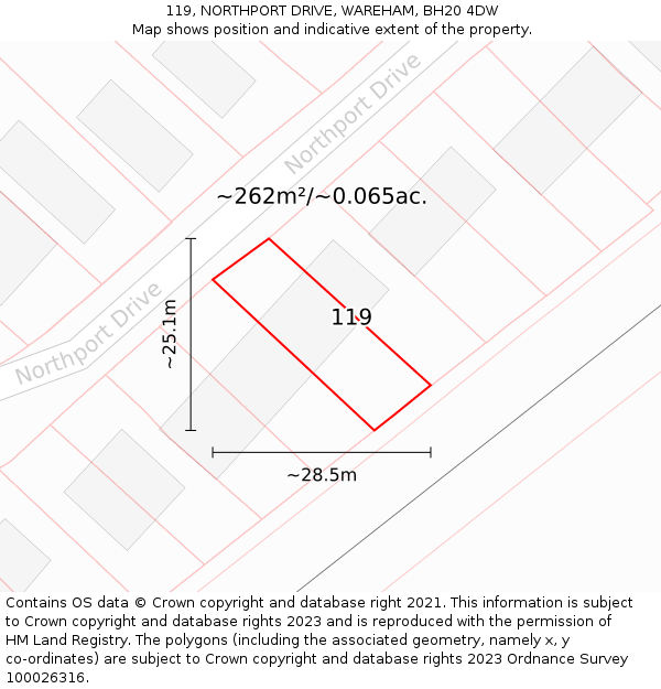 119, NORTHPORT DRIVE, WAREHAM, BH20 4DW: Plot and title map