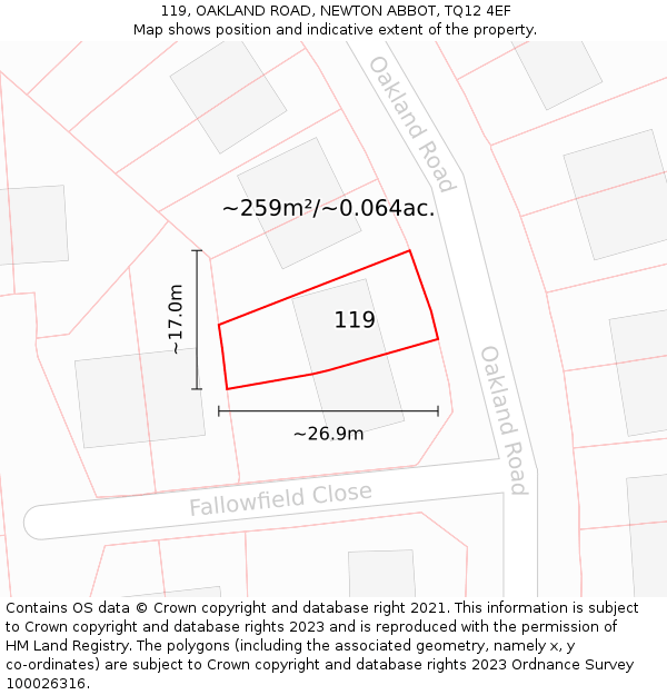 119, OAKLAND ROAD, NEWTON ABBOT, TQ12 4EF: Plot and title map
