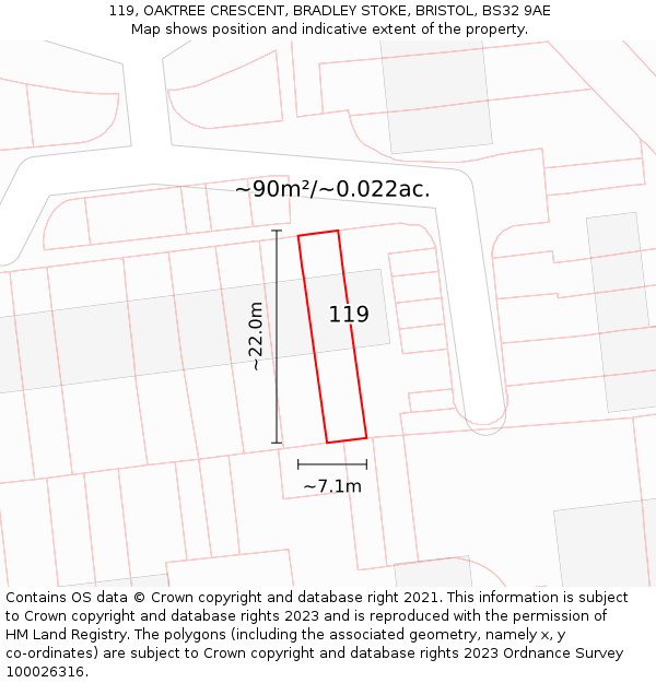 119, OAKTREE CRESCENT, BRADLEY STOKE, BRISTOL, BS32 9AE: Plot and title map