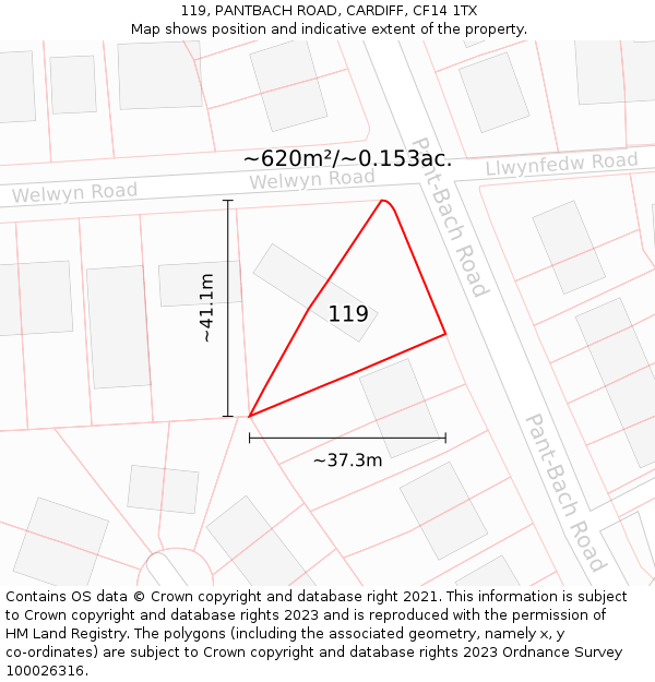 119, PANTBACH ROAD, CARDIFF, CF14 1TX: Plot and title map