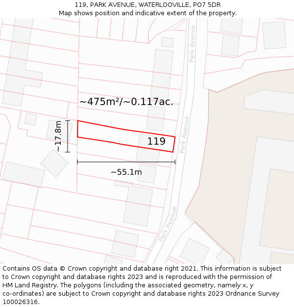 119, PARK AVENUE, WATERLOOVILLE, PO7 5DR: Plot and title map