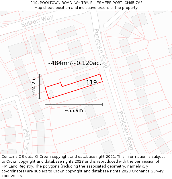 119, POOLTOWN ROAD, WHITBY, ELLESMERE PORT, CH65 7AF: Plot and title map