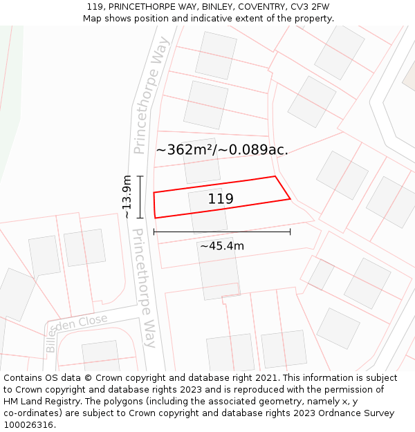 119, PRINCETHORPE WAY, BINLEY, COVENTRY, CV3 2FW: Plot and title map