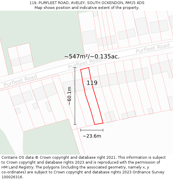 119, PURFLEET ROAD, AVELEY, SOUTH OCKENDON, RM15 4DS: Plot and title map