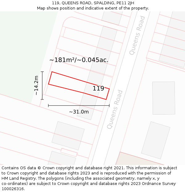119, QUEENS ROAD, SPALDING, PE11 2JH: Plot and title map